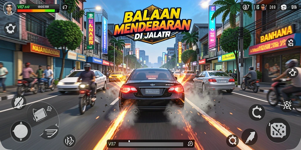 Tampilan gameplay V87 yang penuh aksi di lintasan balapan.